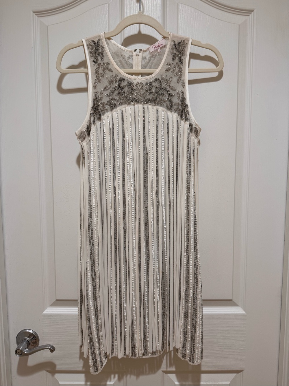 Parker Beaded Sequin Fringe Cocktail Dress Ivory Silver Size Small